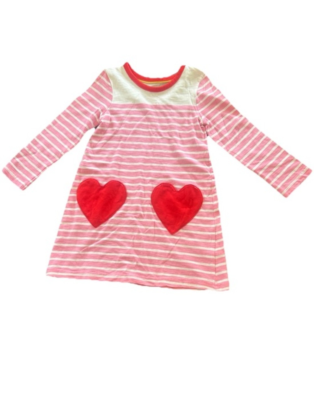 Mini Boden Pink Stripe Dress with Red Heart Pockets